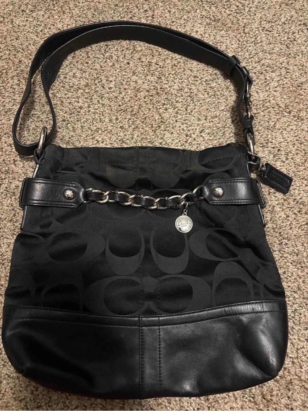 Vintage Coach Black Signature Chain-Accent Shoulder Bag